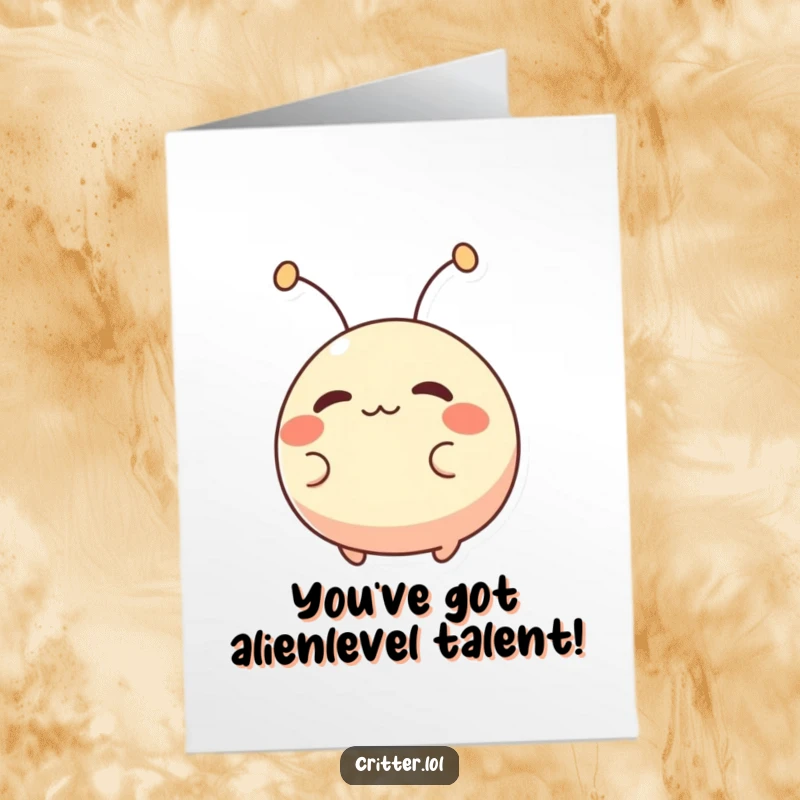 Funny Free Printable Congratulations Card: A small, round creature with antennae wiggles excitedly, celebrating your fantastic achievement!