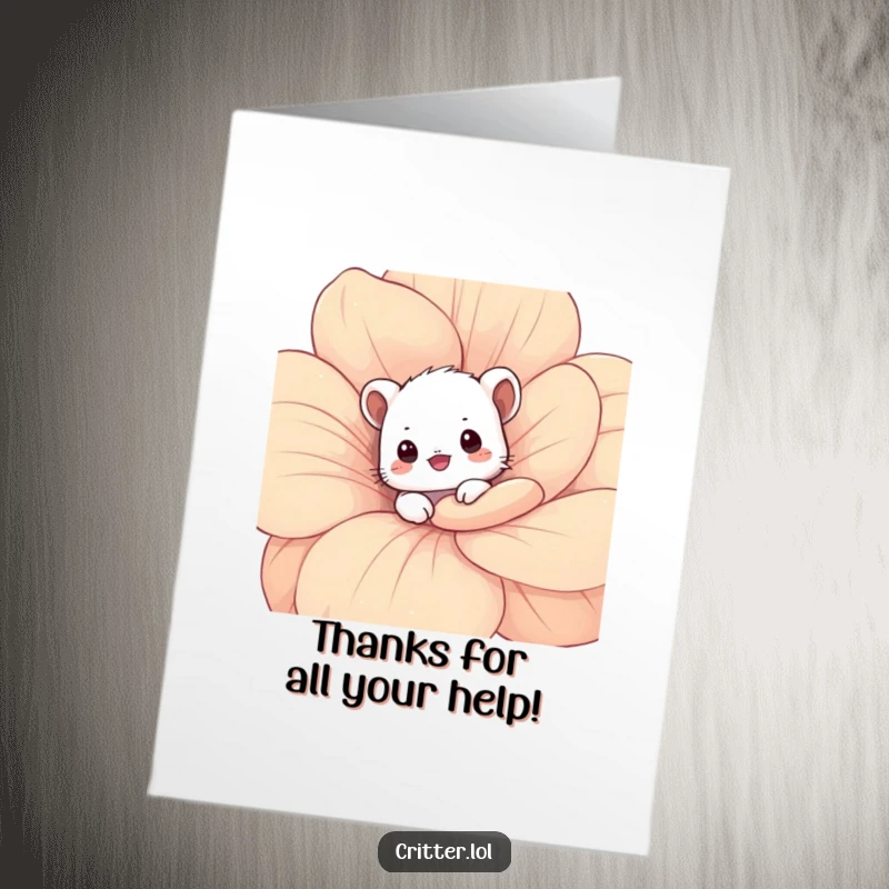 Funny Free Printable Thank You Card: A shy critter observes from behind a large flower petal. Sweet, downloadable gratitude.