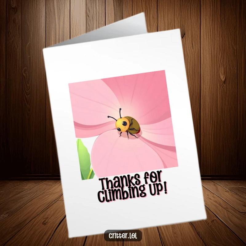 Funny Free Printable Thank You Card: Curious beetle climbing a flower petal, offering a heartfelt and humorous thank you.