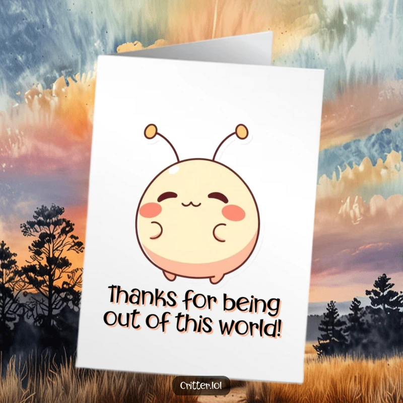 Funny Free Printable Thank You Card: A small, round creature with antennae wiggles excitedly, sending enthusiastic thanks your way!