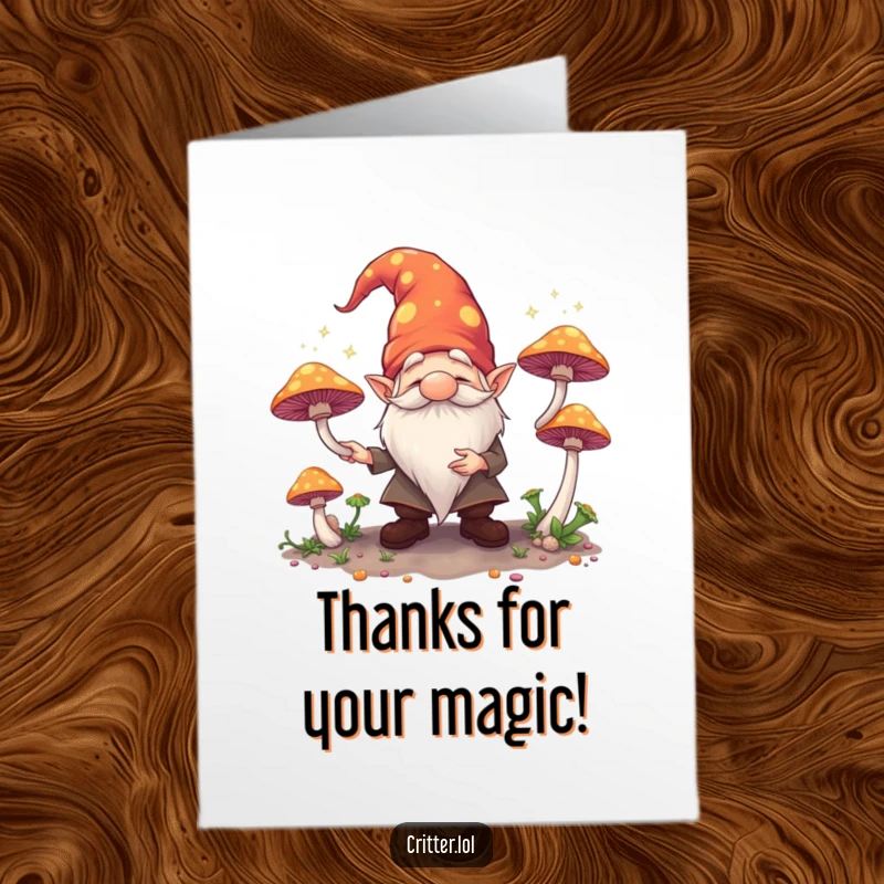Free Printable Thank You Card: A cute gnome with twinkling eyes juggles softly glowing mushrooms, sending warm thanks.
