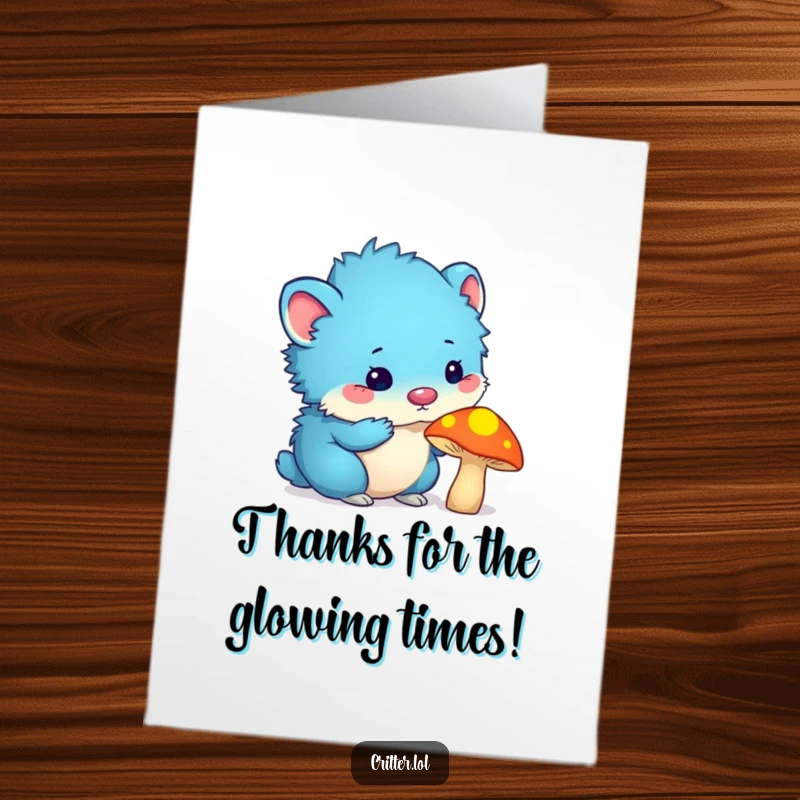 Funny Free Printable Thank You Card: Blue furry critter with antennas sniffs a glowing mushroom, expressing thanks humorously.