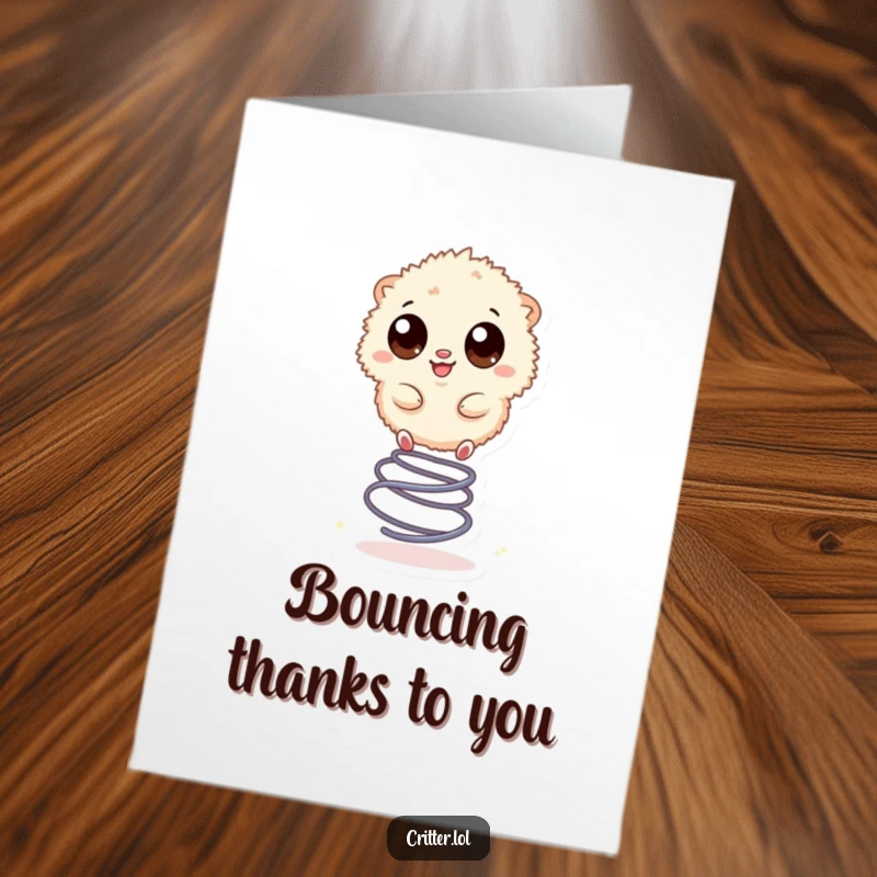 Funny Free Printable Thank You Card featuring a small, fuzzy creature with large eyes happily bouncing on a spring, expressing gratitude.