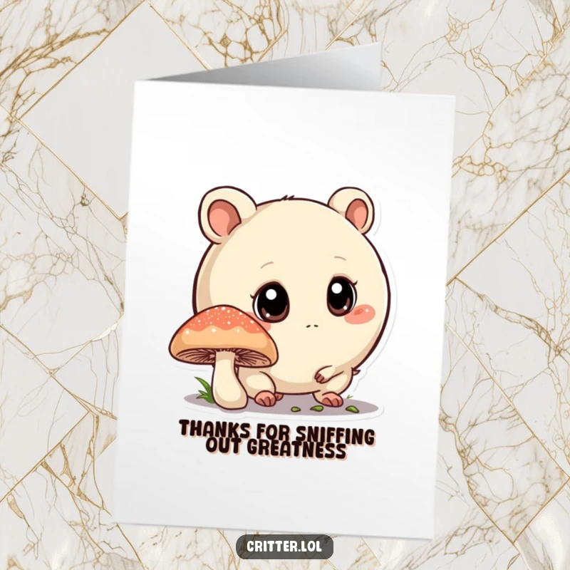 Funny Free Printable Thank You Card: A big-eyed critter curiously sniffing a mushroom, sending heartfelt thanks.