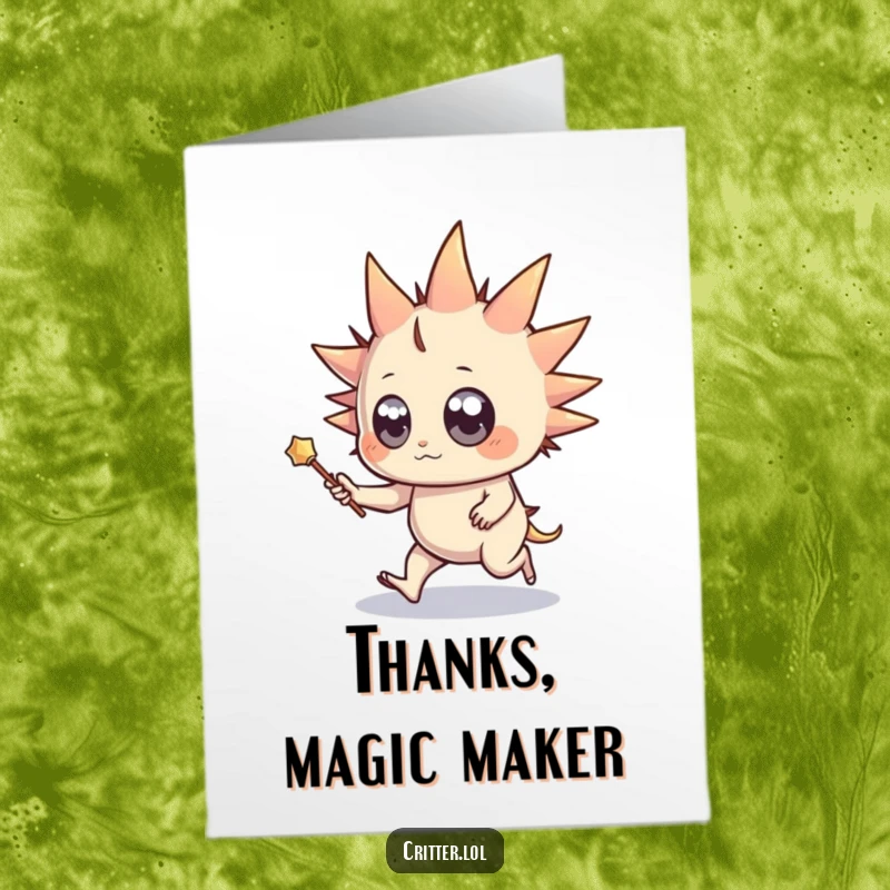 Funny Free Printable Thank You Card: Spiky creature with wide eyes and wand skipping thankfully, DIY.