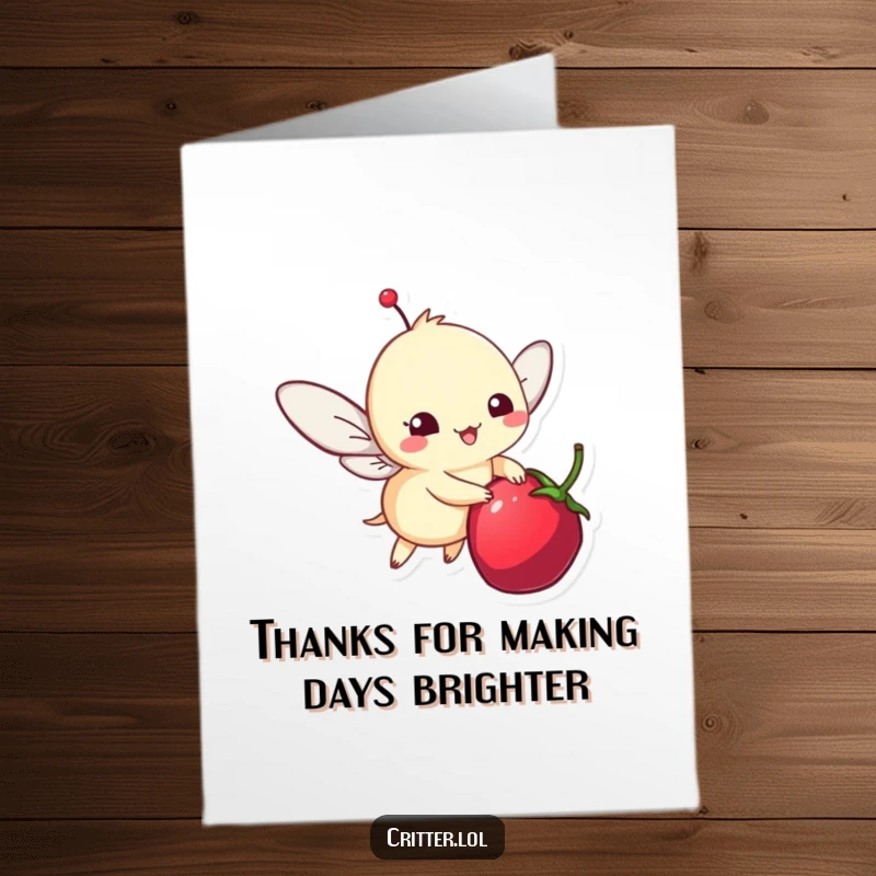 Funny Free Printable Thank You Card: Whimsical winged critter offering a berry as a token of thanks, fluttering joyfully.