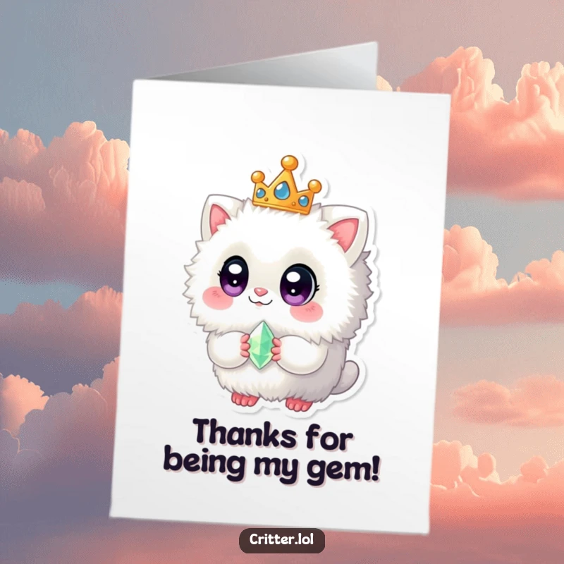 Funny Free Printable Thank You Card: A fuzzy creature with big eyes, wearing a crown, holds a gem.