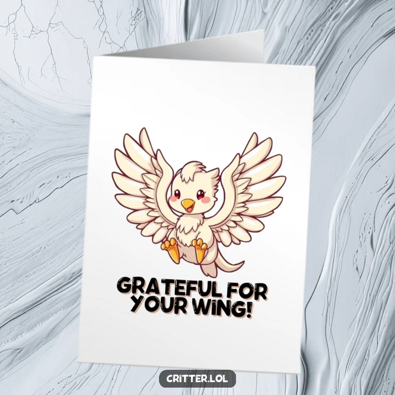 Free Printable Thank You Card: A graceful griffin with wings fully extended flies majestically, conveying heartfelt thanks.