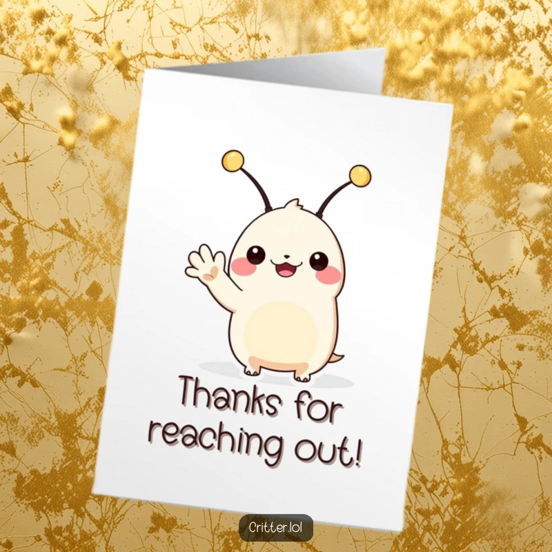 Funny Free Printable Thank You Card: A creature with antennae waves hello with a happy grin. Friendly, downloadable gratitude.