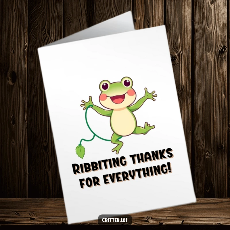 Funny Free Printable Thank You Card: A joyful frog enthusiastically jumping rope, expressing gratitude with energetic vibes.