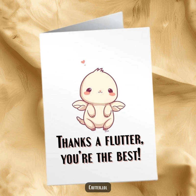 Funny Free Printable Thank You Card: Shy creature with small wings fluttering upwards, expressing thanks gently.