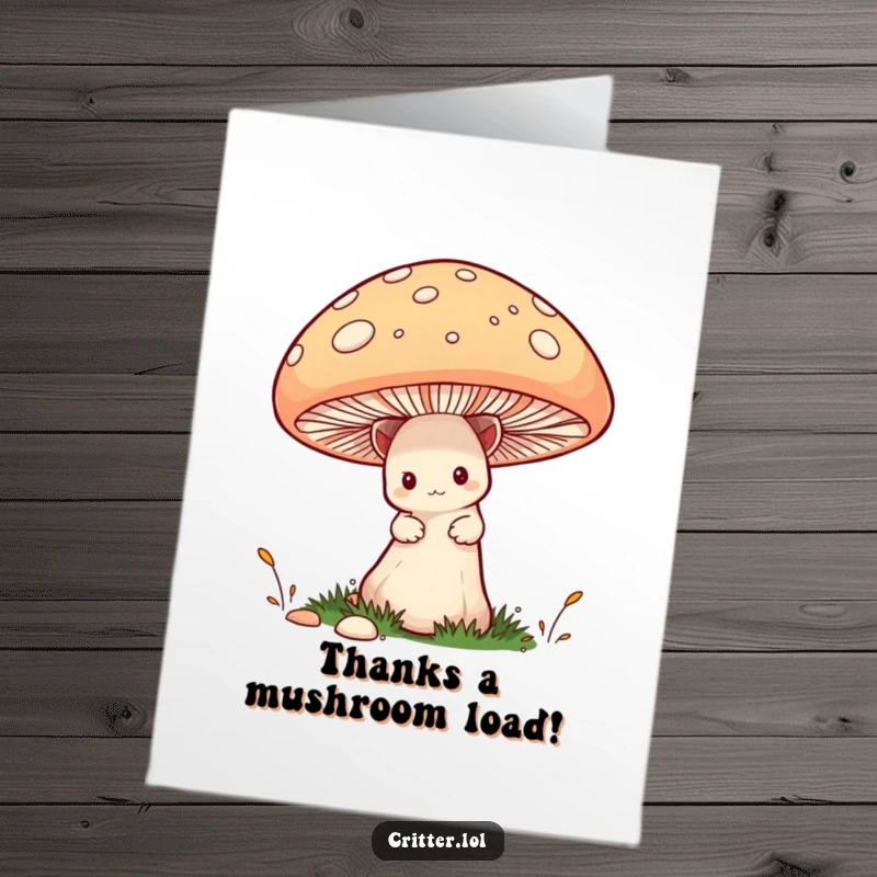 Funny Free Printable Thank You Card: Shy critter peeking from a mushroom, silently expressing gratitude with a giggle.