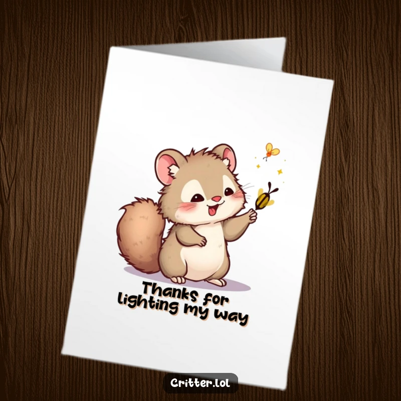 Funny Free Printable Thank You Card: A furry critter with a bushy tail playfully swatting a firefly, saying thanks.