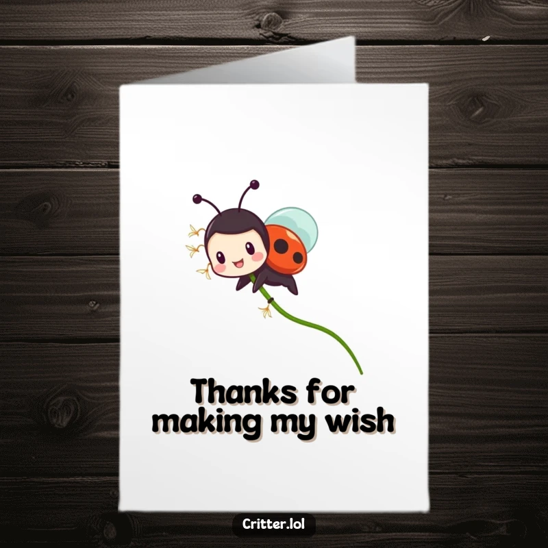 Funny Free Printable Thank You Ladybug Card: Tiny ladybug gleefully rides a flying dandelion seed to express sweet thanks.