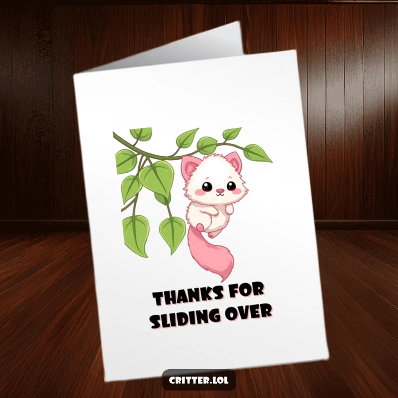 Funny Free Printable Thank You Card: A fuzzy critter with a long tail slides down a lush green leafy vine, conveying thanks with a smile.