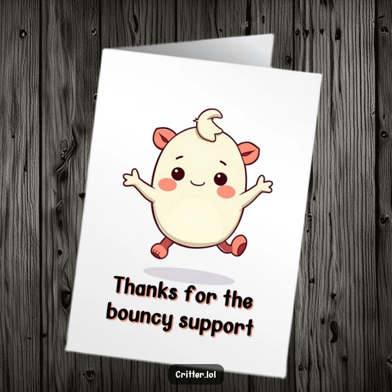 Funny Free Printable Thank You Card: Bouncy creature with rubbery legs hopping with amusement, conveying deep thanks with a fun, lighthearted spirit.