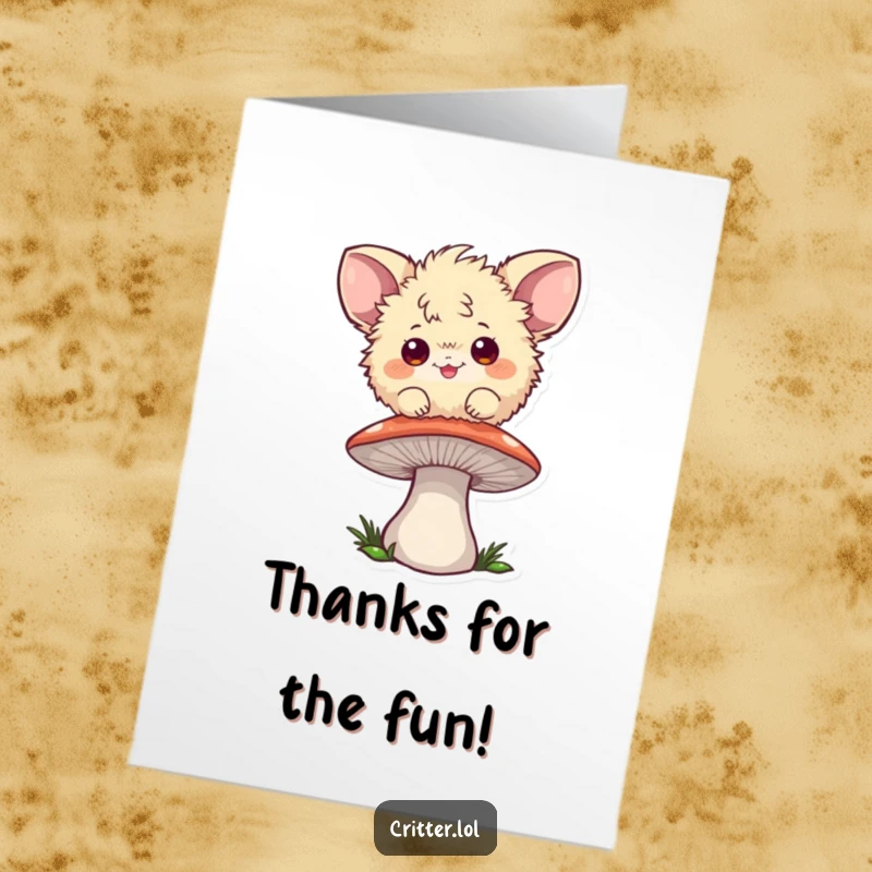 Funny Free Printable Thank You Card: Playful fuzzball with big ears bouncing on a mushroom, expressing thanks, print at home.