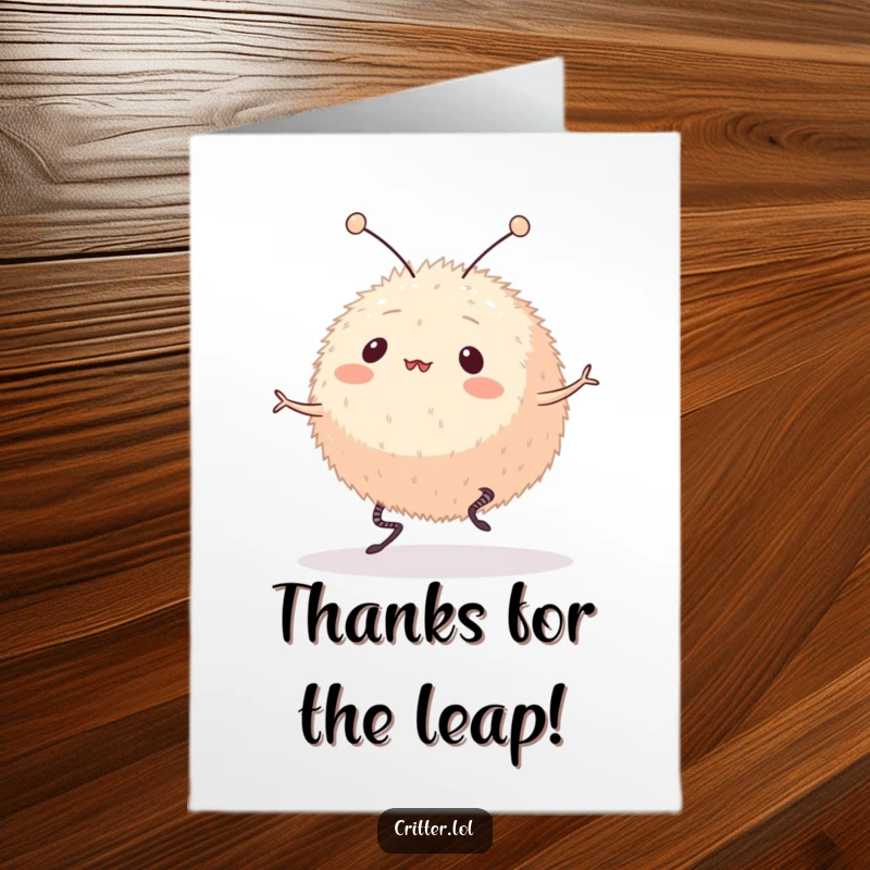 Funny Free Printable Thank You Card: Round, furry alien with antennae bouncing energetically, sending thanks with a big smile.