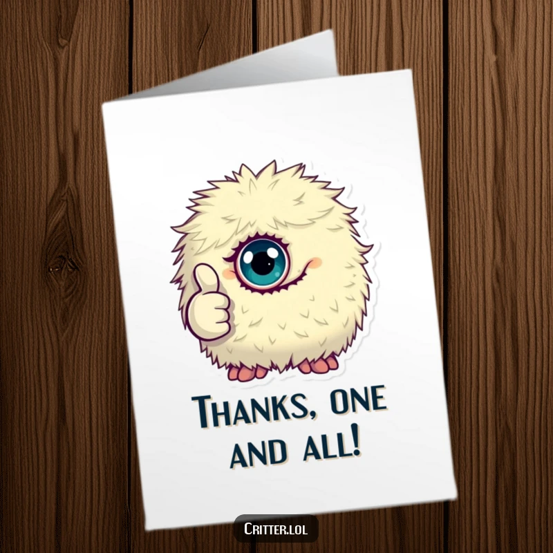 Funny Free Printable Thank You Card: Tiny fluffy monster with one eye giving a thumbs up, expressing thanks, print at home.
