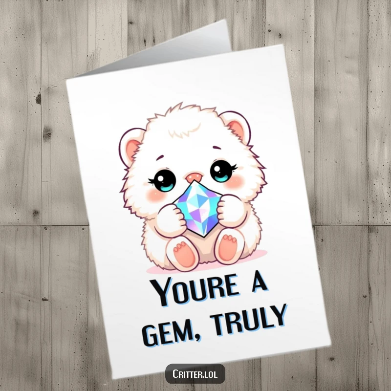 Funny Free Printable Thank You Card: Fluffy critter lovingly holds a radiant gem, expressing heartfelt thanks.