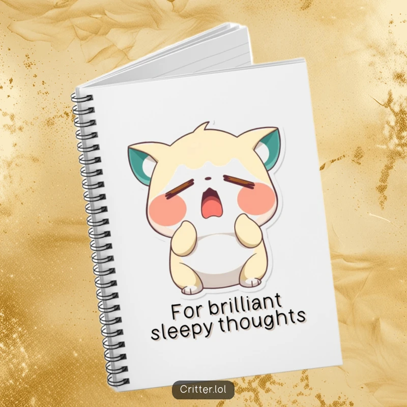 Funny sleepy critter character yawning wide with closed eyes on a notebook cover, perfect for jotting down sleepy thoughts, an ideal funny gift.