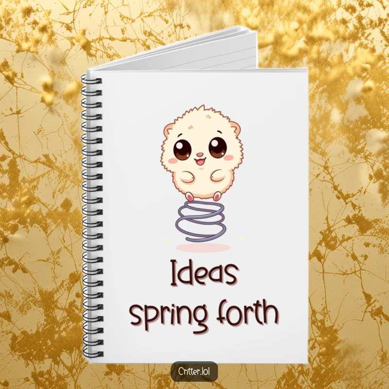 Funny notebook cover featuring a small, fuzzy creature with big eyes, happily bouncing on a spring.