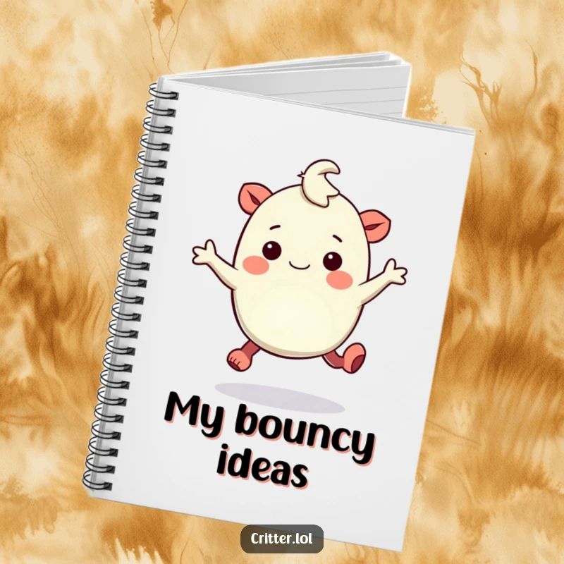 Funny notebook with a bouncy creature with rubbery legs hopping with amusement, ideal for jotting down ideas.