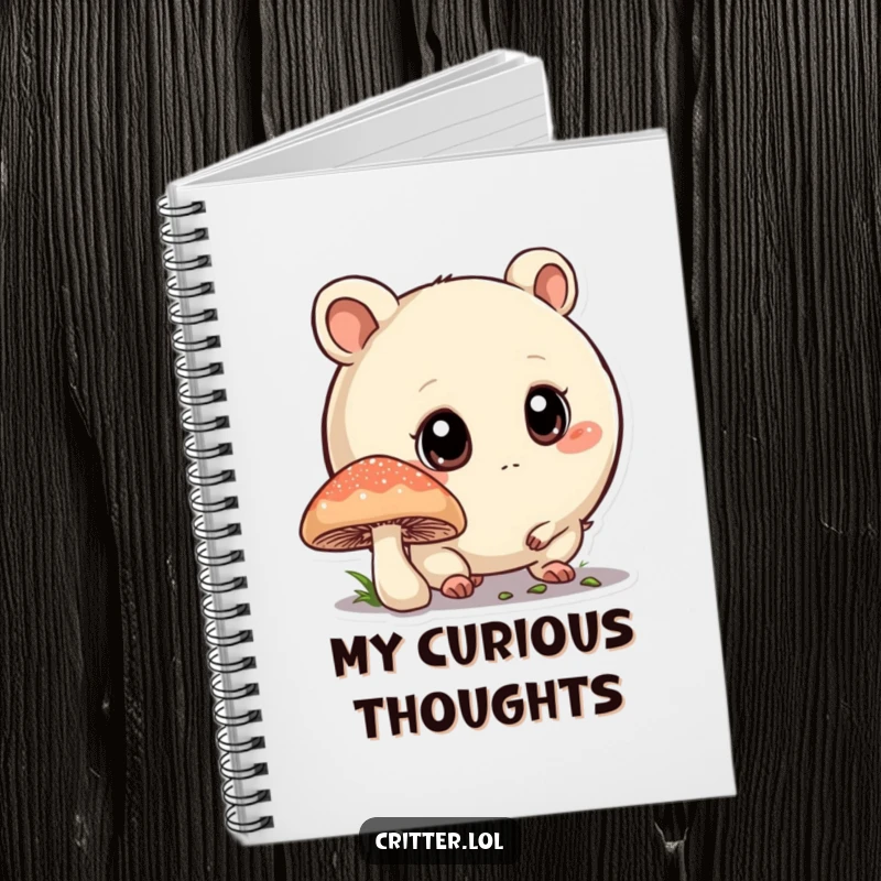 Funny notebook with a round critter and big eyes sniffing a mushroom, ideal for journaling and note-taking with a curious vibe.