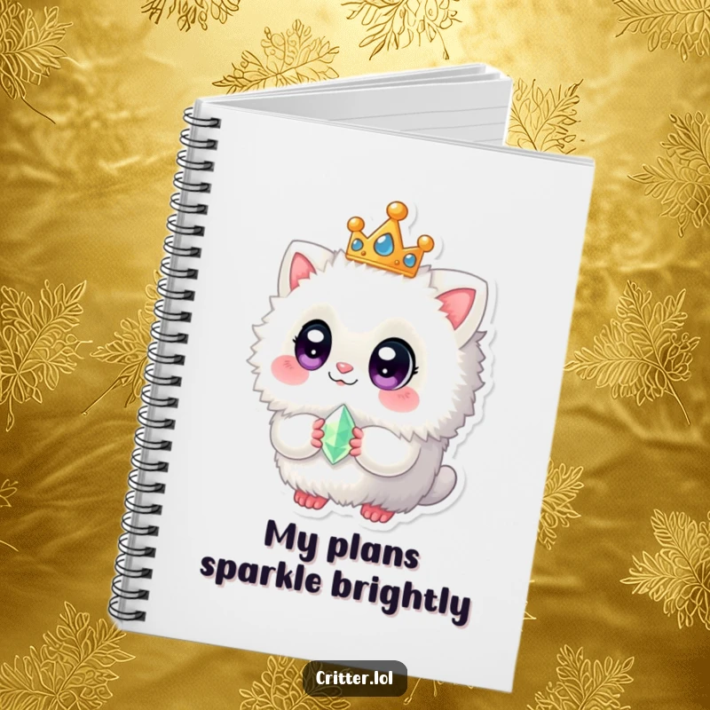 Funny notebook cover featuring a fuzzy creature with a crown and gem, perfect for note-taking with whimsical flair.