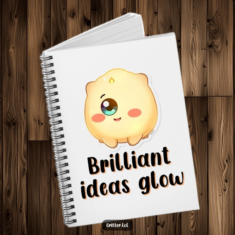 Funny notebook with a glowing creature with a single eye beaming happily, ideal for capturing bright ideas.