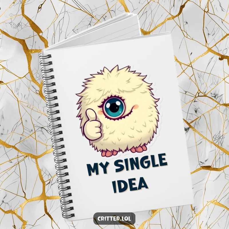 Funny notebook with a tiny, fluffy, one-eyed monster giving a thumbs up, perfect for journaling and positive notes.