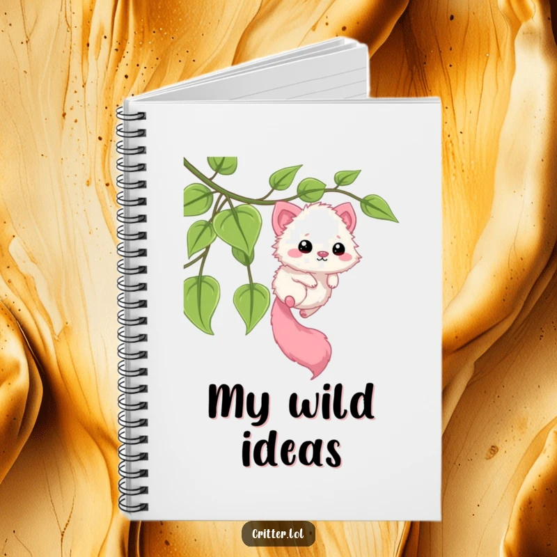 Funny notebook featuring a fuzzy critter with a long tail sliding down a leafy vine. Ideal for capturing thoughts with a sense of adventure.