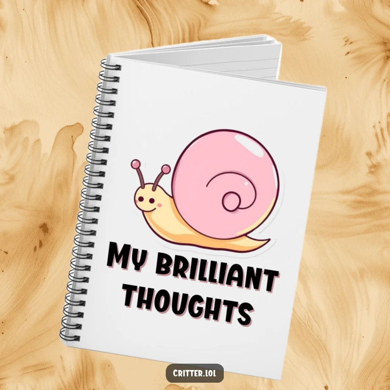 Funny snail notebook with a happy character spinning with a glittery trail, designed to inspire creativity and wonder.