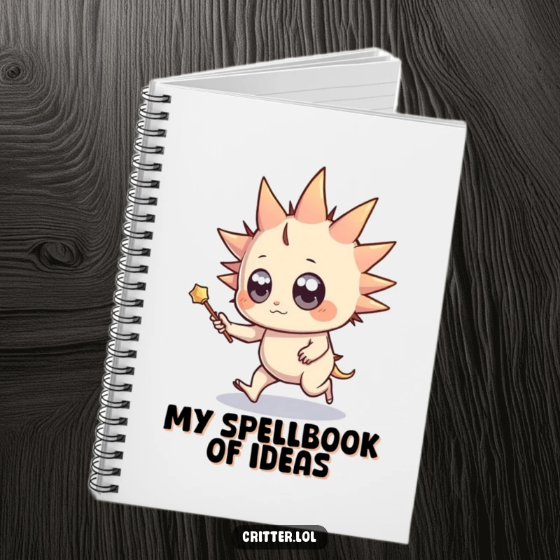 Funny notebook with a spiky creature with wide eyes and a wand, happily skipping, perfect for jotting down magical spells.