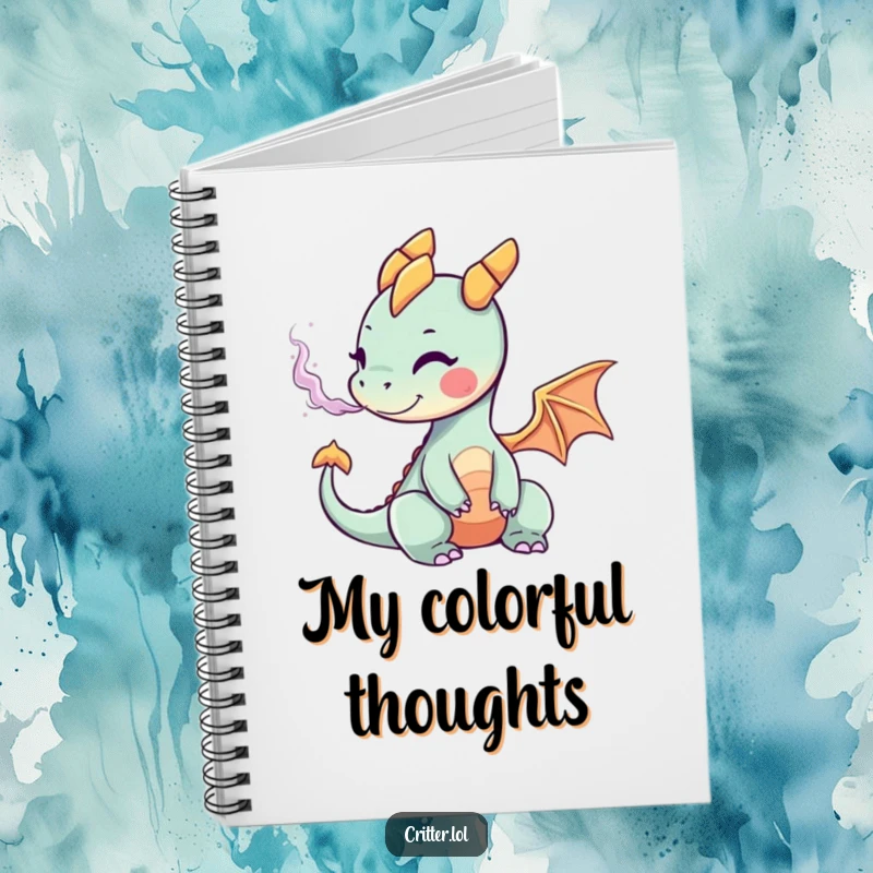Funny notebook cover featuring a tiny dragon exhaling a cheerful cloud of bright, artistic smoke, encouraging creativity.
