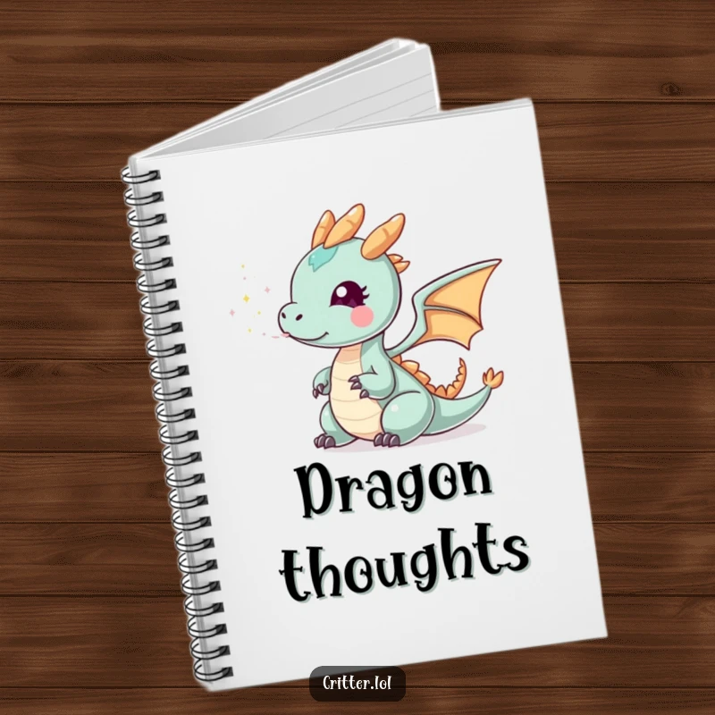 Funny tiny dragon smoke notebook, featuring a small dragon exhaling sparkly smoke, ideal for jotting down notes with a humorous, magical touch.
