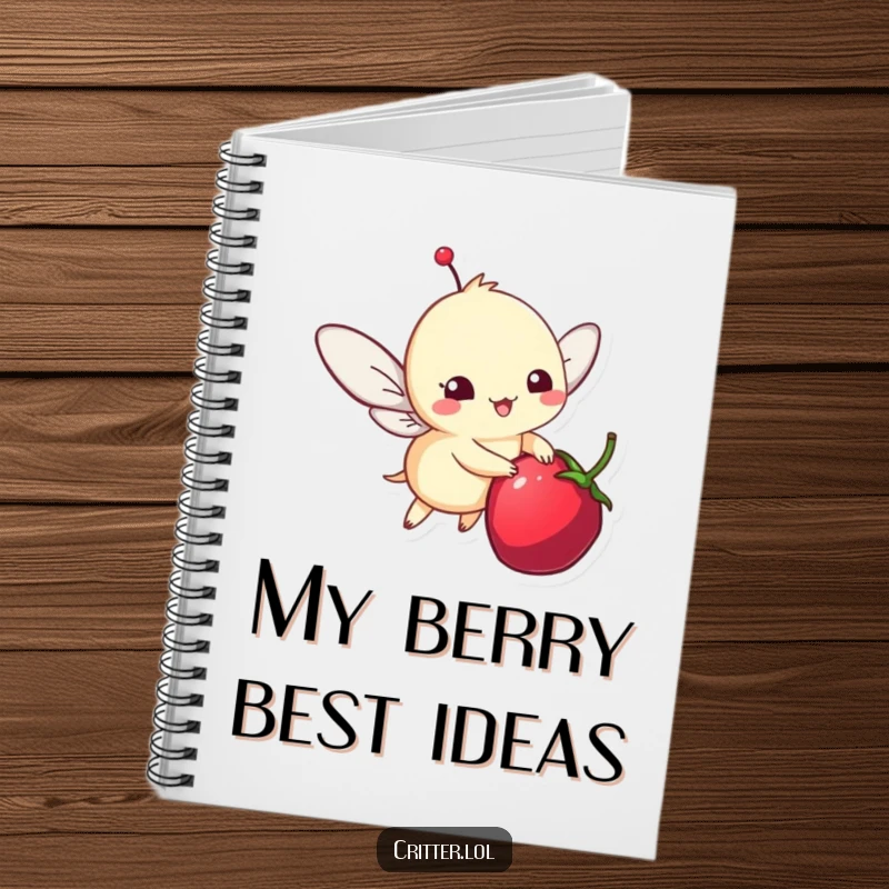Funny notebook cover with a whimsical critter happily flitting around a berry, designed for journaling and creative inspiration.