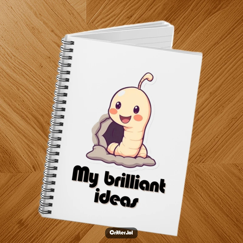 Funny notebook cover with a smiling worm character popping out of a hole, encouraging creativity and humor.