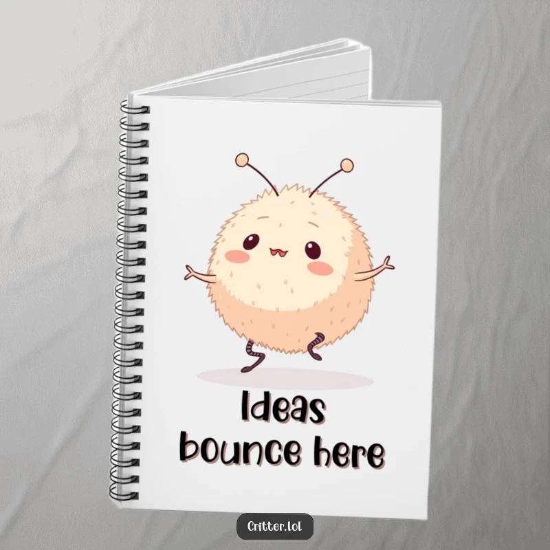 Funny notebook featuring a round, furry creature with antennae bouncing playfully on springy legs. Ideal for capturing thoughts with humor and style.