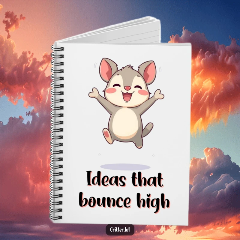 Funny bouncing critter character making exaggerated joyful leaps on a notebook cover, ideal for capturing happy thoughts, an ideal funny gift.