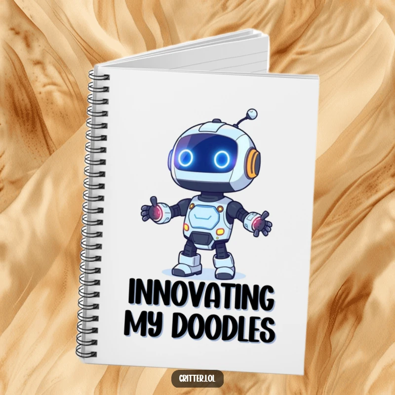 Funny notebook featuring a curious robot with blinking lights dancing, ideal for jotting down innovative ideas.
