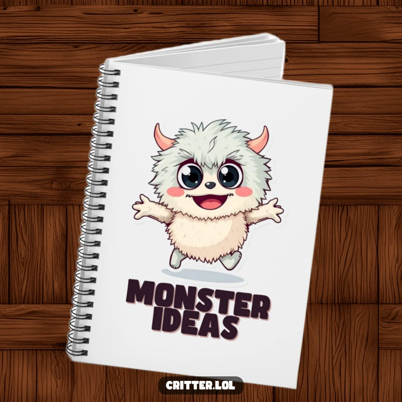Funny fuzzy monster notebook, featuring a googly-eyed monster skipping joyfully, ideal for jotting down notes with a humorous, playful touch.