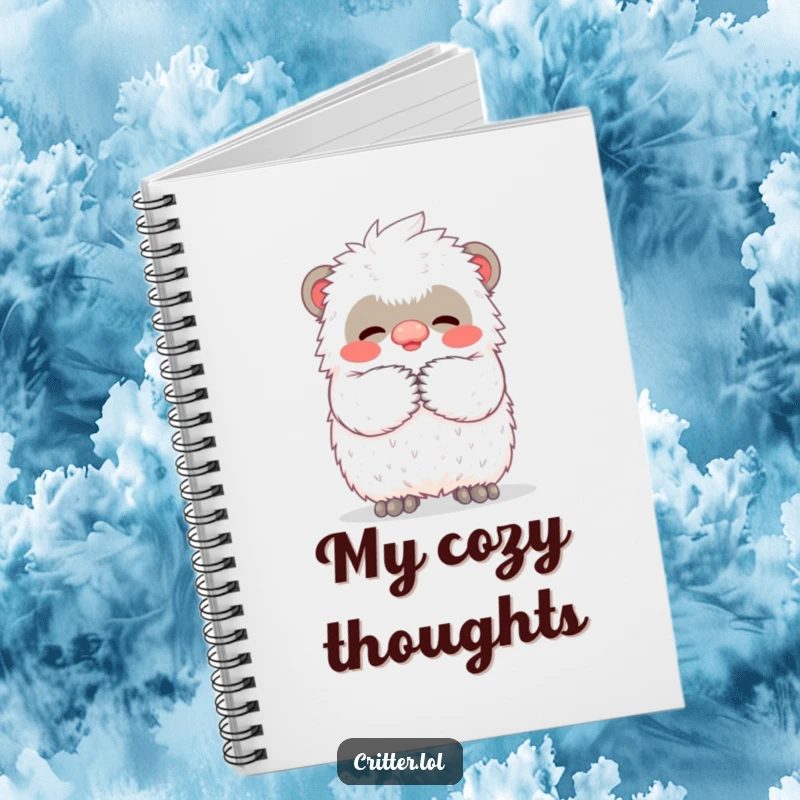 Funny notebook cover displaying a small, fuzzy yeti character giving a warm, affectionate, fuzzy hug, suitable for journaling or notes.