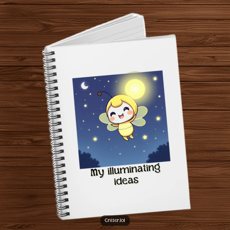 Funny firefly notebook with a cheerful character glowing brightly, designed to inspire creativity and illuminate ideas.