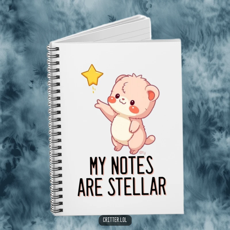 Funny notebook cover with a fuzzy creature reaching for a falling star, encouraging creative and humorous note-taking.