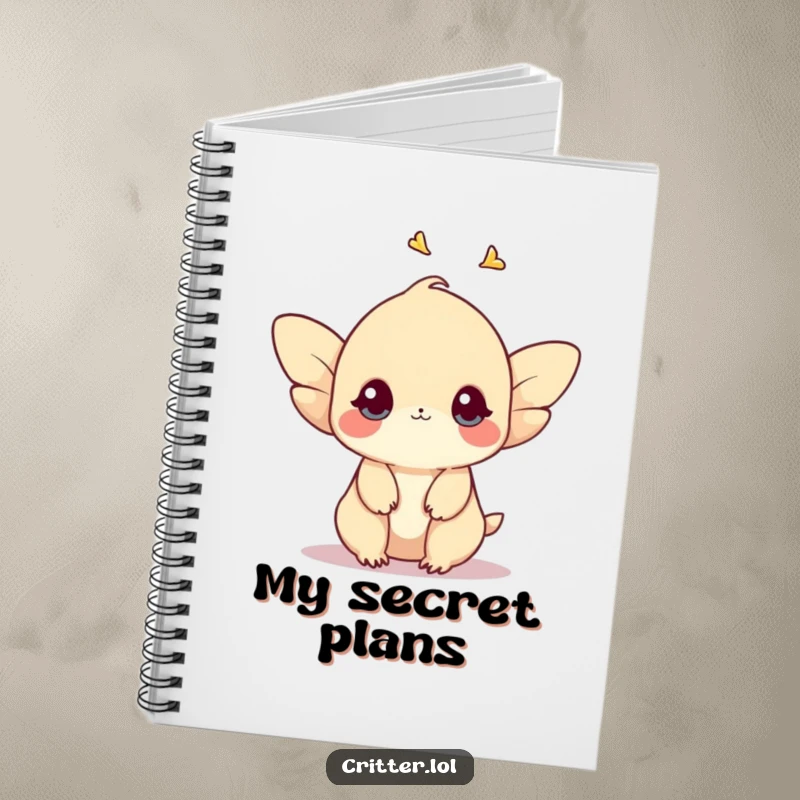 Funny notebook with a shy creature with small wings fluttering upwards, designed for capturing peaceful thoughts.