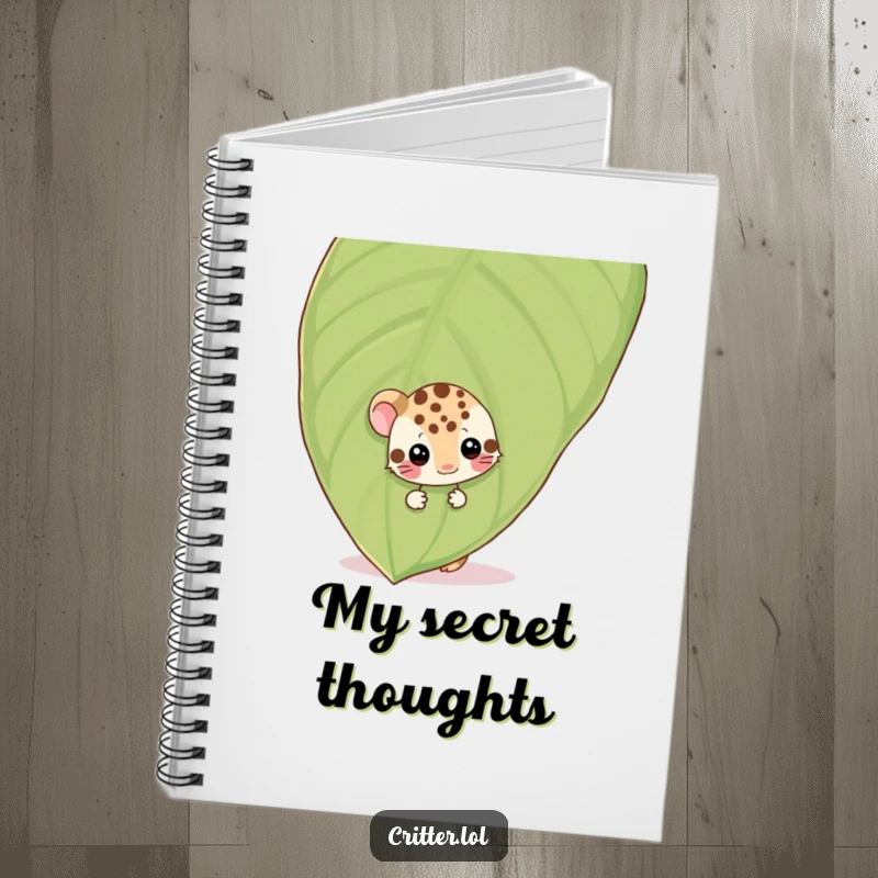 Funny shy spotted critter peeking from behind a leaf, wiggling, on the cover of a notebook, for gentle note-taking.