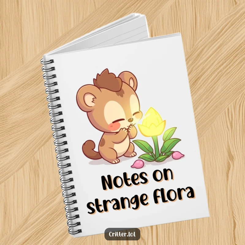 Funny curious creature character intently sniffing a mysterious glowing plant on a notebook cover, perfect for documenting discoveries, an ideal funny gift.