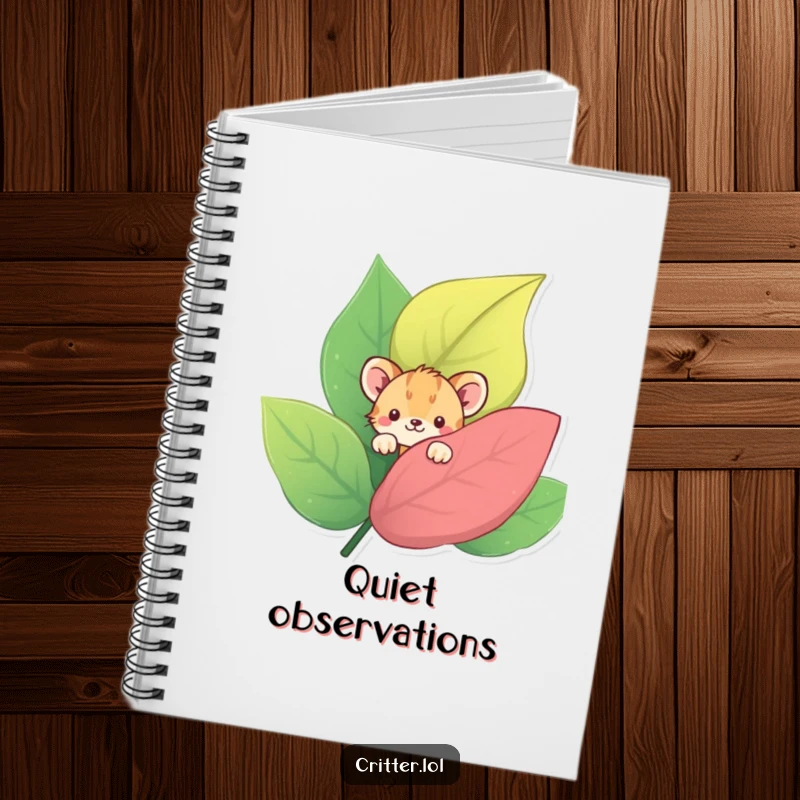 Funny notebook featuring a shy critter peeking from behind a leaf, designed for capturing thoughtful notes with a gentle vibe.