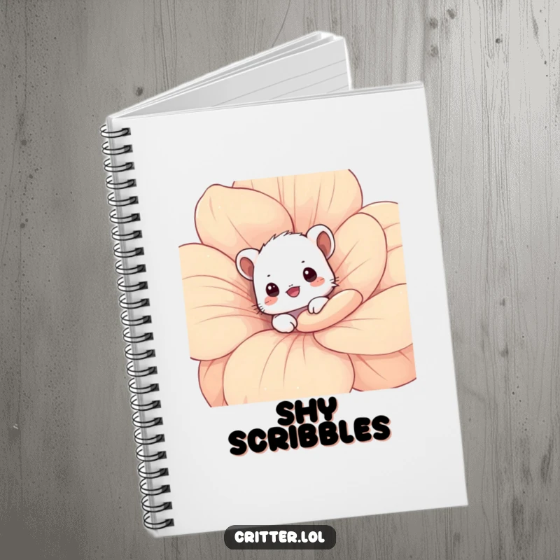 Funny critter notebook with a shy critter peeking from behind a flower, ideal for note-taking with sweetness.